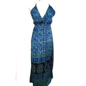 DOLMA  Silky floral Printed V Neck Thin Strap Maxi Dress In Blue/green. Size S/M